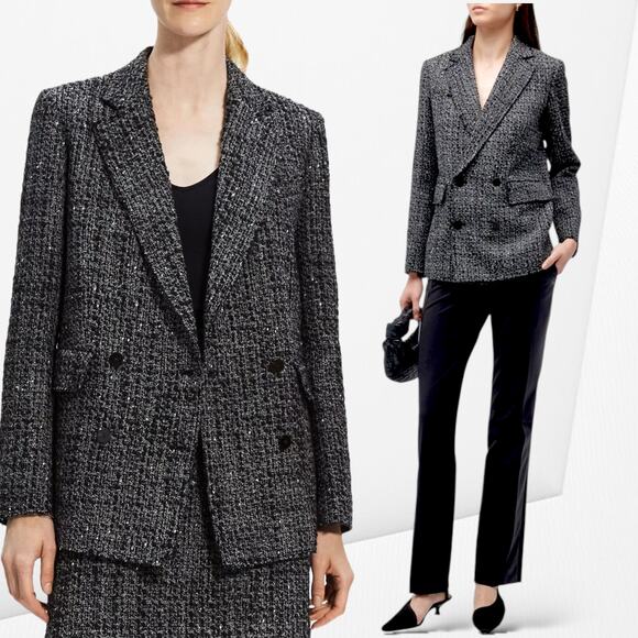 THEORY Wool Double Breasted Tweed Jacket Piazza Noelle Coat Gray Black Creative - Picture 1 of 15